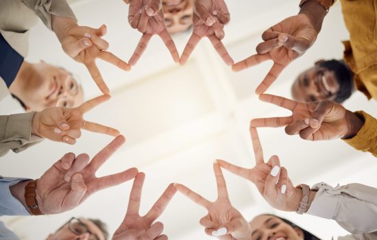 Peace, hands and business people in office for teamwork, collaboration and support low angle. V, st.